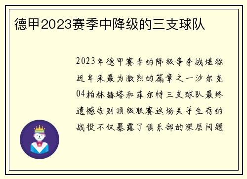 德甲2023赛季中降级的三支球队