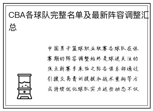 CBA各球队完整名单及最新阵容调整汇总